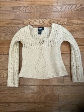 Big Girls Express Cream Hand Knit Scoop-Neck Tie Front Sweater